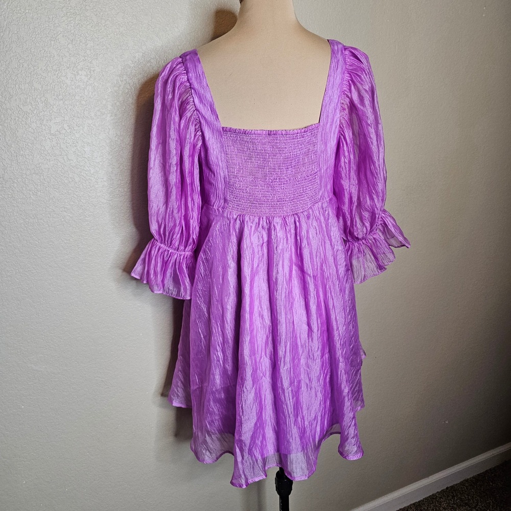 Buddy Love Betsy Babydoll Mini Dress Orchid Purple Puff Sleeve Smocked Large - Picture 4 of 9